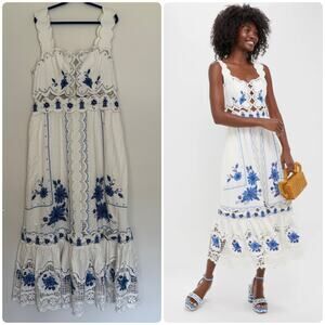 Farm Rio Cross-Stitch Richelieu Linen Blend Dress